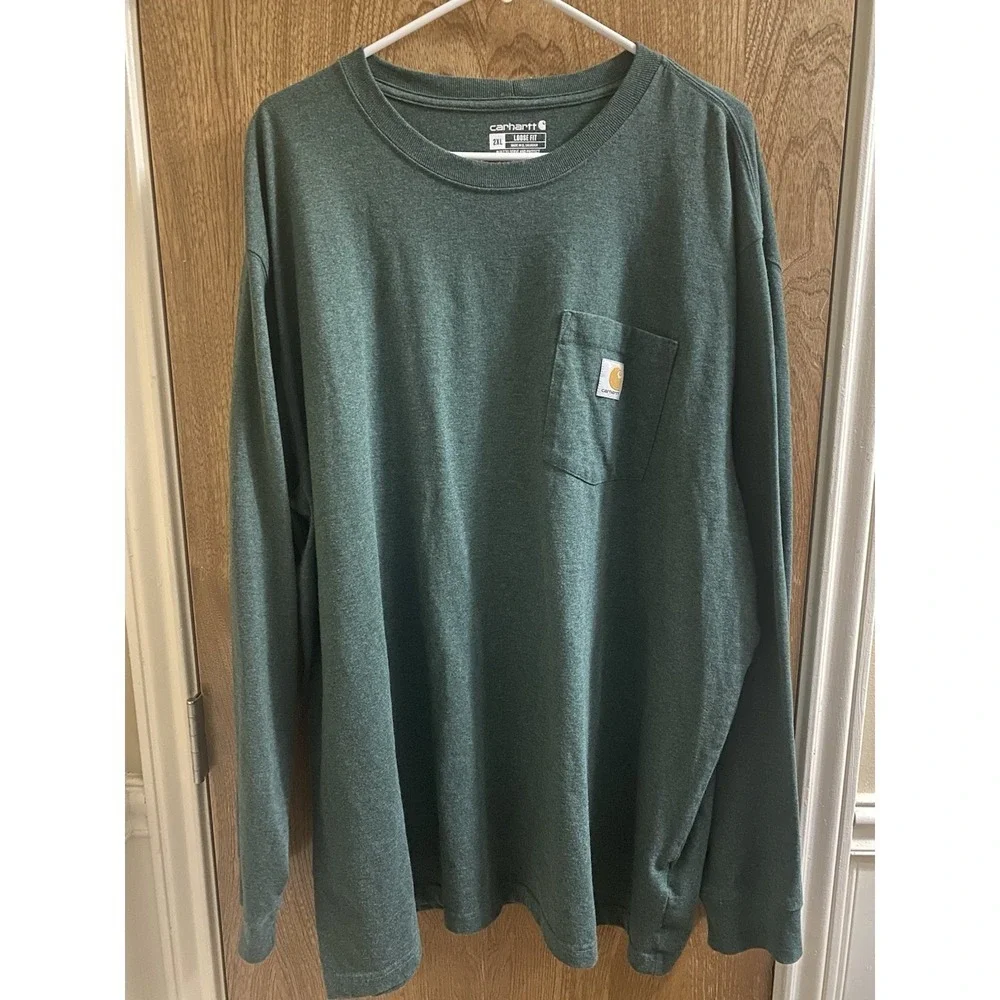 Carhartt Long Sleeve Work Shirt Mens Loose Fit Green Long Sleeve Pocket Sz 2XL